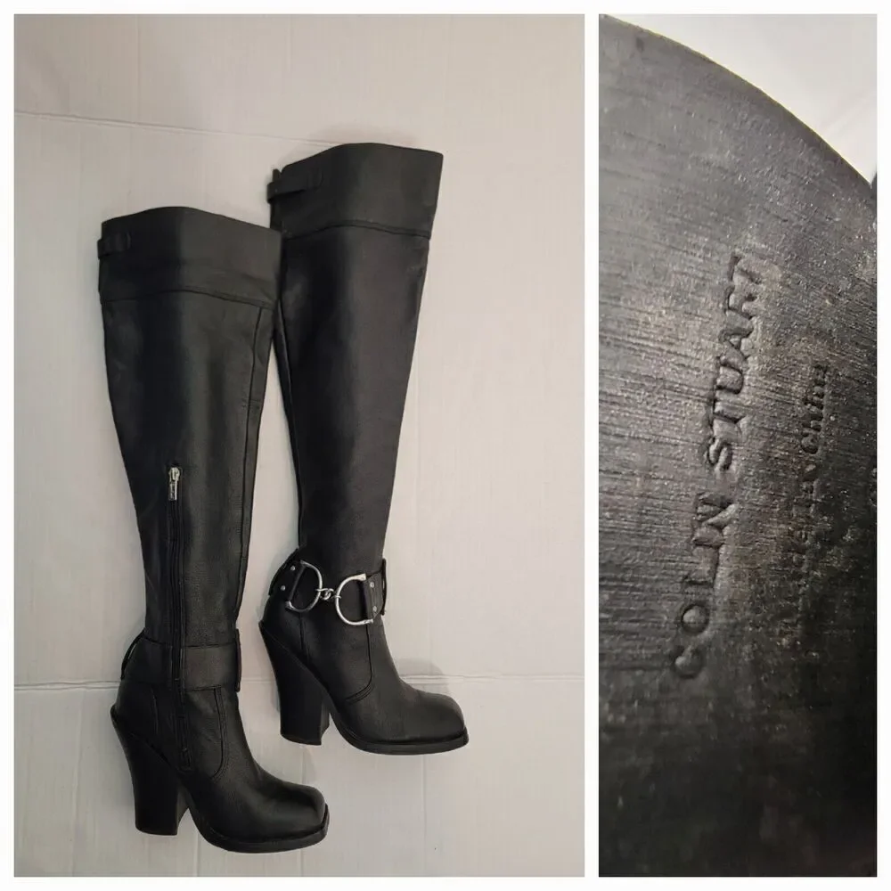 Colin Stuart Over The Knee Heel Boots 6B Leather Square Toe Witchy Punk Vampi